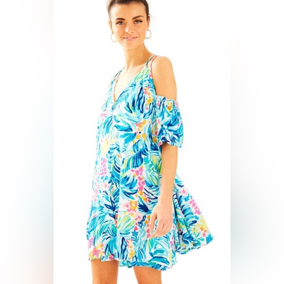 Lilly Pulitzer Bellamie Dress Women’s Size Small Blue Floral Cold Shoulder Swing - Picture 3 of 16